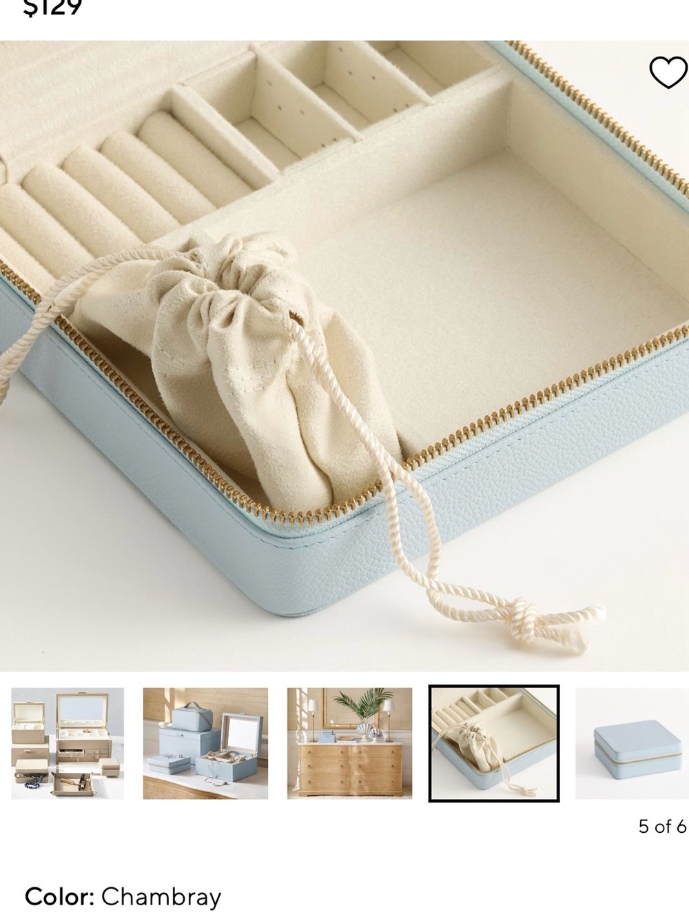 Pottery Barn Chambray Blue Jewelry Organizer Case with Drawstring Pouch